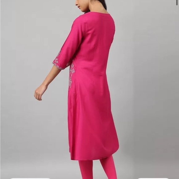 W by Myntra Hot Pink Embroidered Beaded A-Line Kurta Midi Dress M 10 - Picture 3 of 9